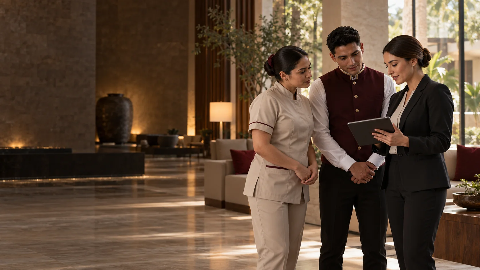 Integrantes del equipo de hotelería aprenden juntos en el lobby de un hotel